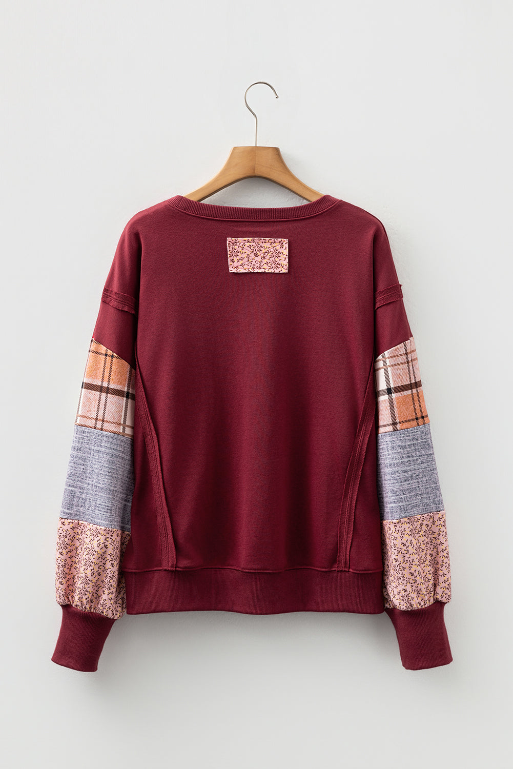 Colorblock Patchwork Plaid Patchwork Sleeve Raw Seam Sweatshirt