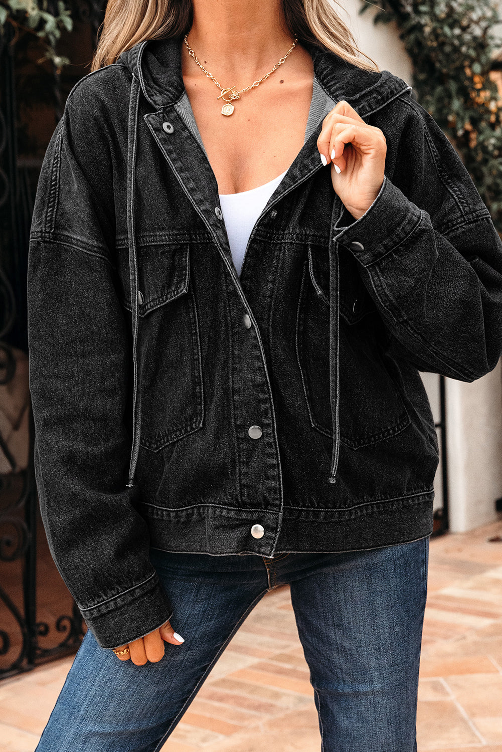 Big Chest Pocket Drop-Shoulder Hooded Denim Jacket