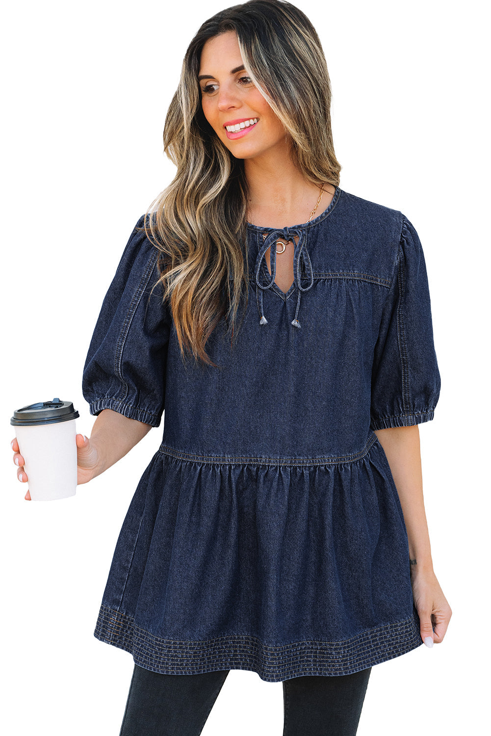 Lace-up Neckline Splicing Denim Blouse