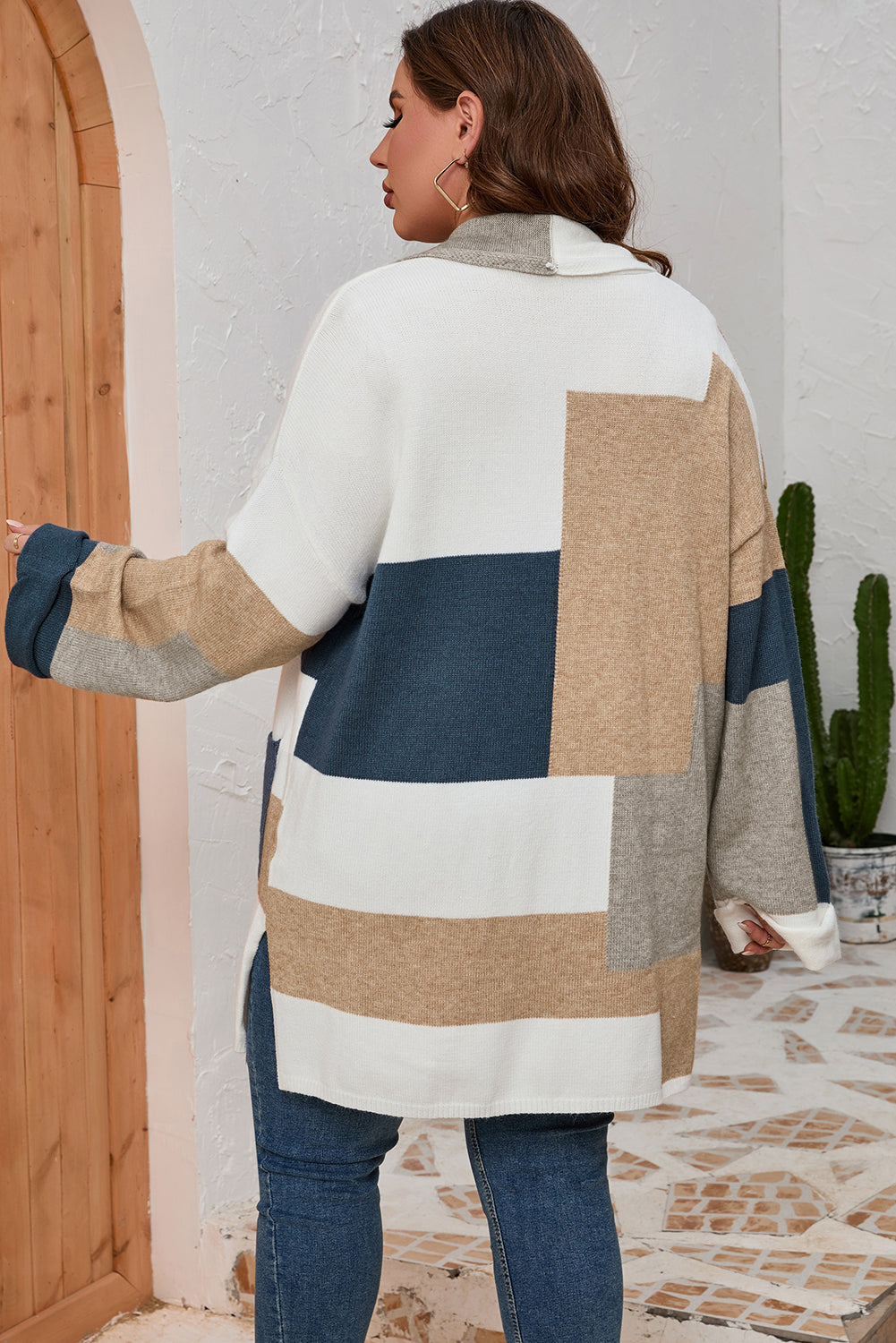 Women's Knit Cardigan with Color-Block Plus Size