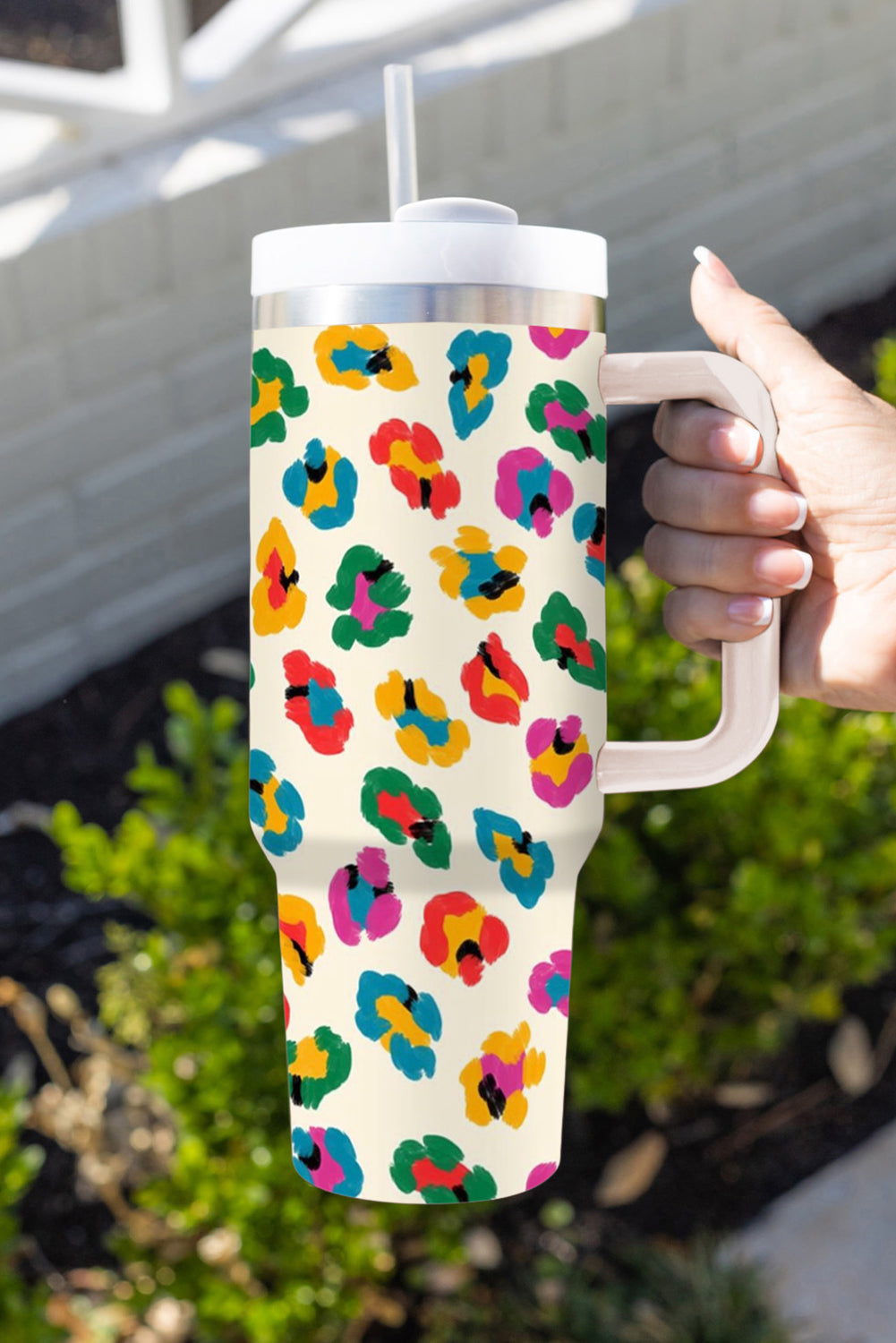 Leopard-Print Multi Color Handle Stainless Tumbler 40oz