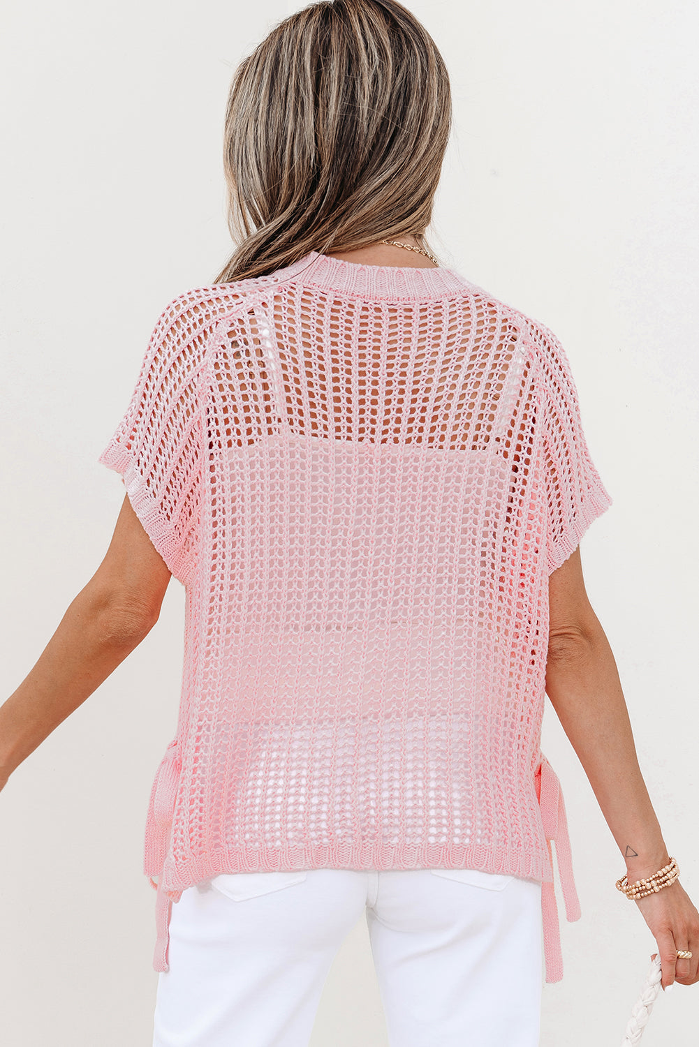 Crochet Side Hollow-out Side Tied Short-Sleeved Knit Top