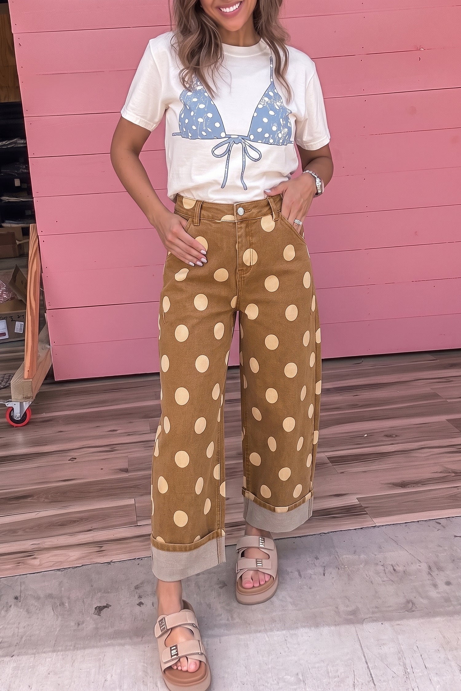 Ankle-Length Metal Polka-Dot Metal Button Everyday Jeans in Brown