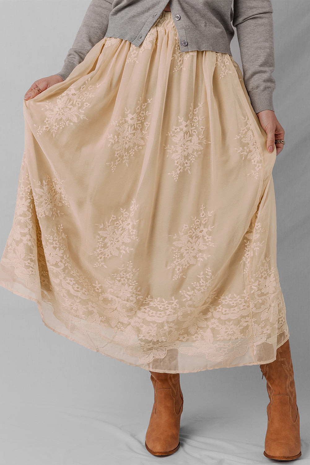 Overlay Embroidered Mesh Flowy Long Skirt in Oatmeal
