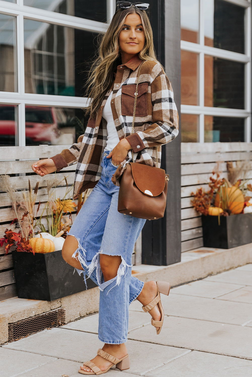 Shirt Jacket for Women Button-Front Plaid Pocket-Detail