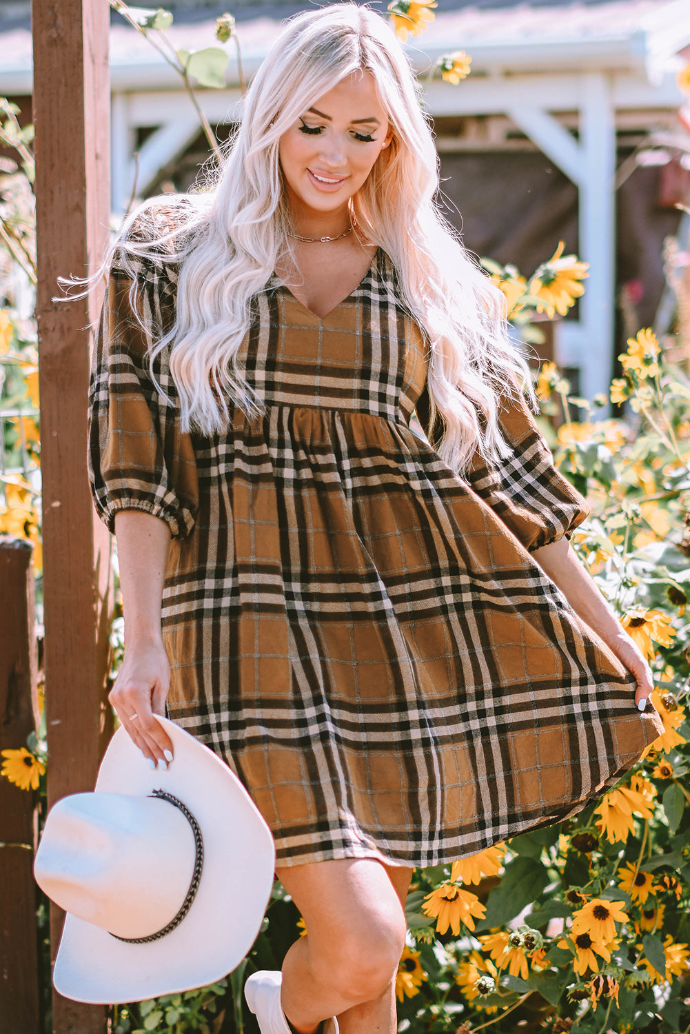 Women's Dress with Babydoll Plaid Pattern Empire-Waist