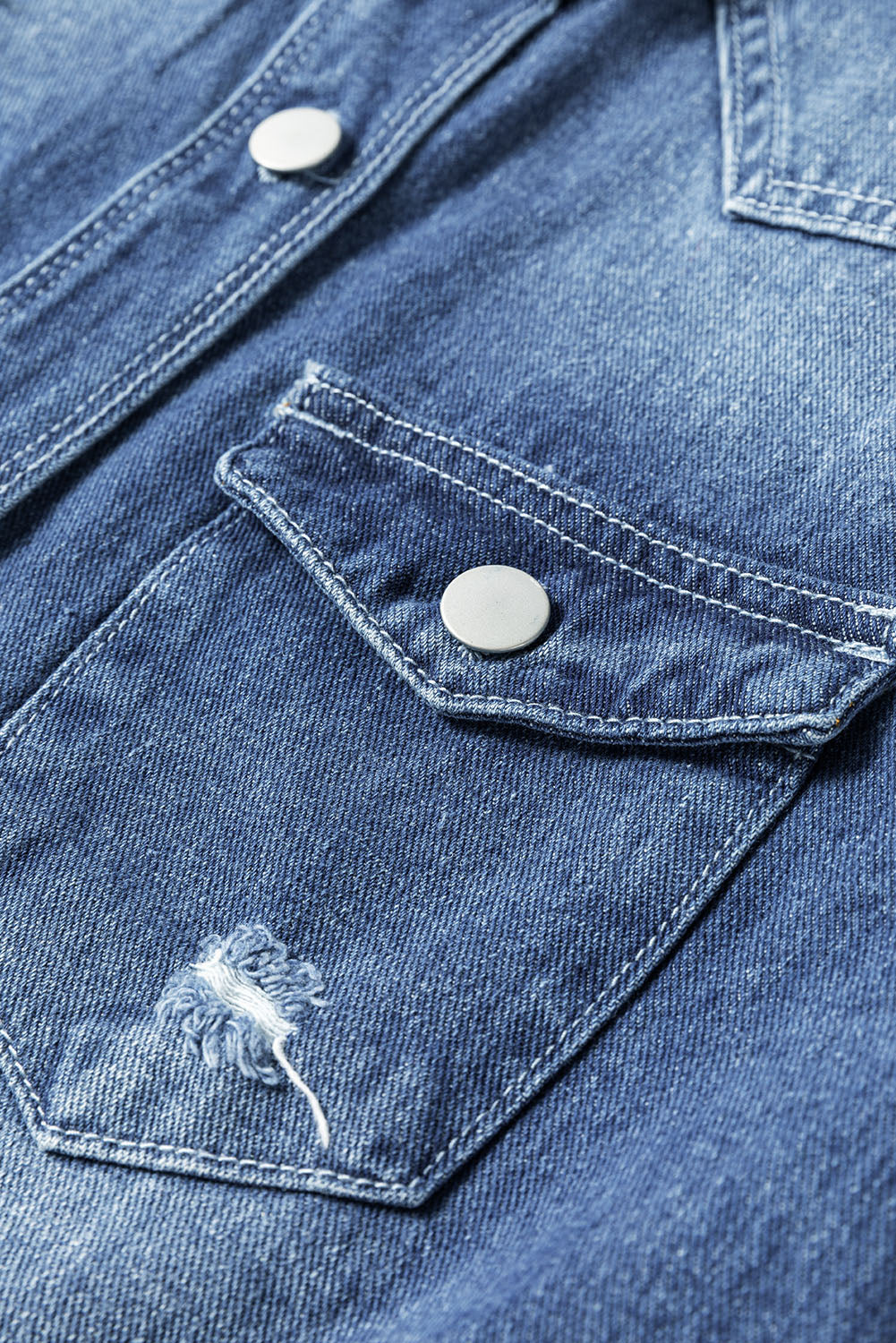 Light Frayed Wash Distressed Long Denim Jacket in Sky Blue