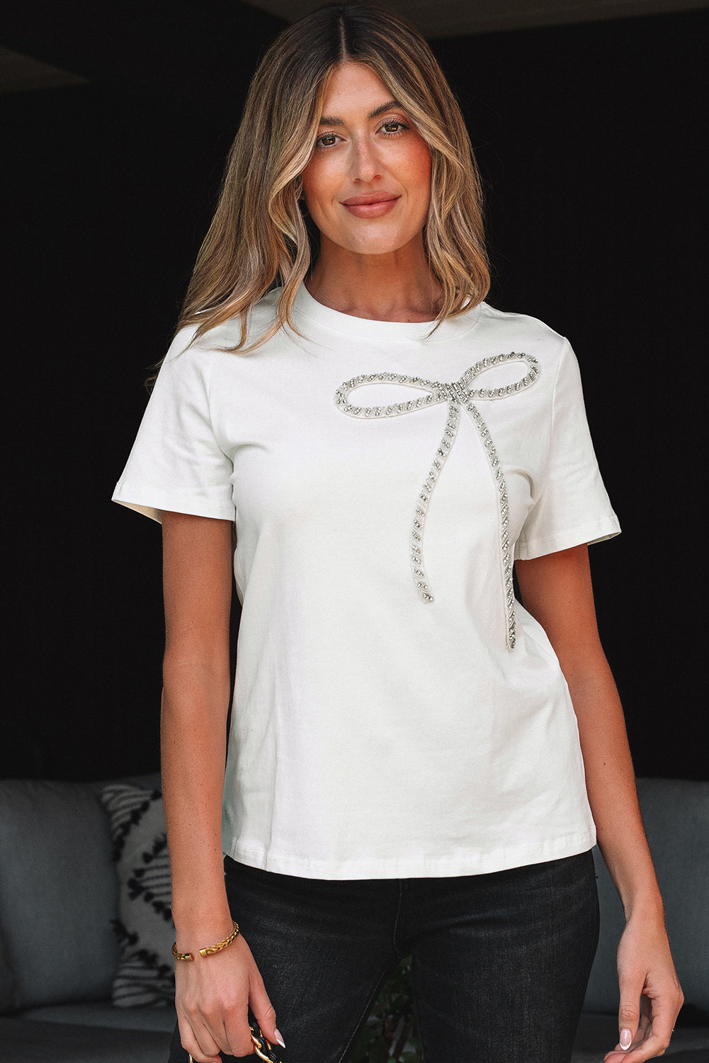 Rhinestone Bow Embellished Round-Neck Tee