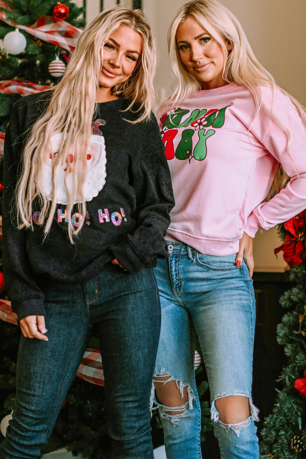 Graphic Sweatshirt for Women Santa Claus Sequin HO HO HO
