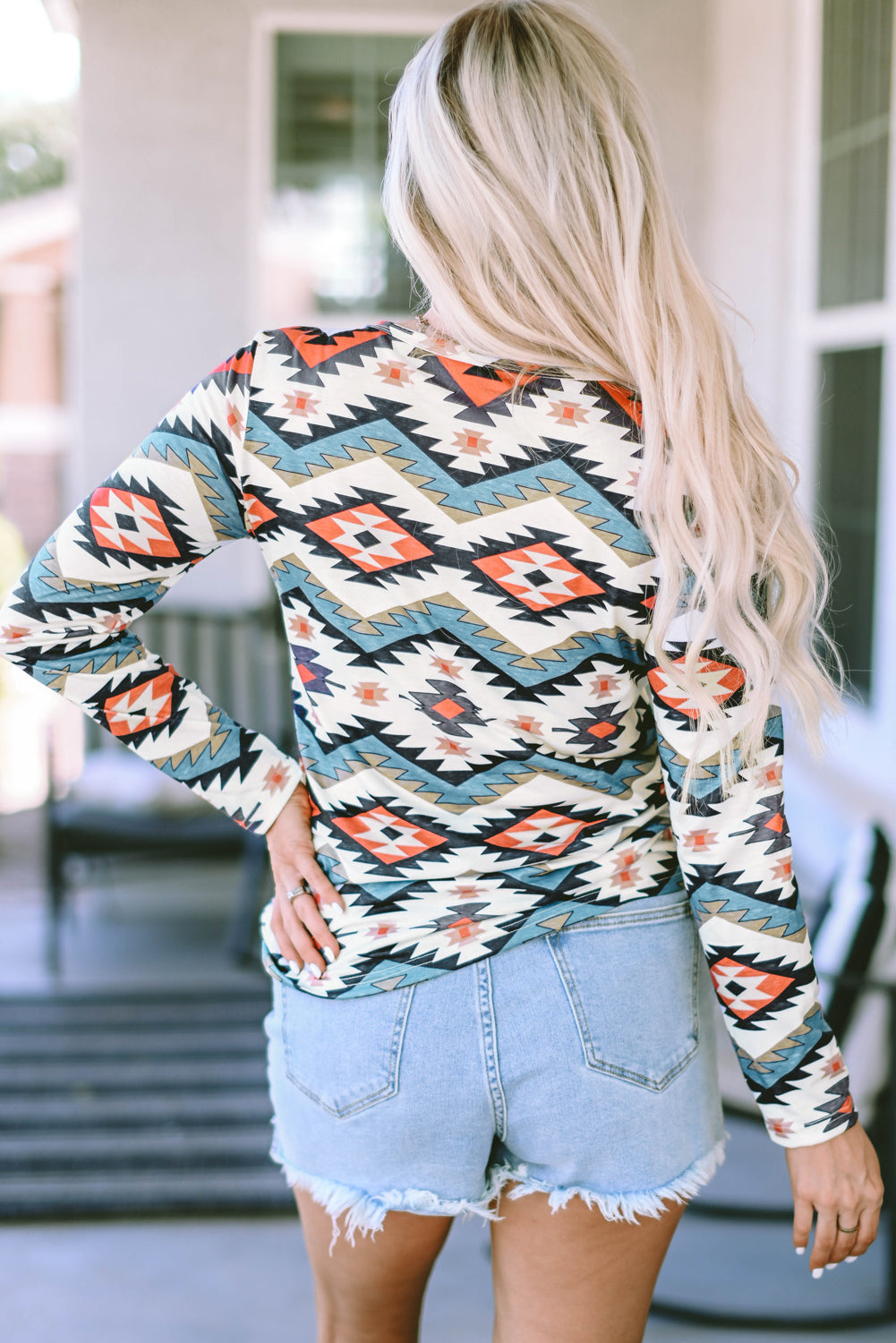 Henley Top for Women Aztec Geometric Print