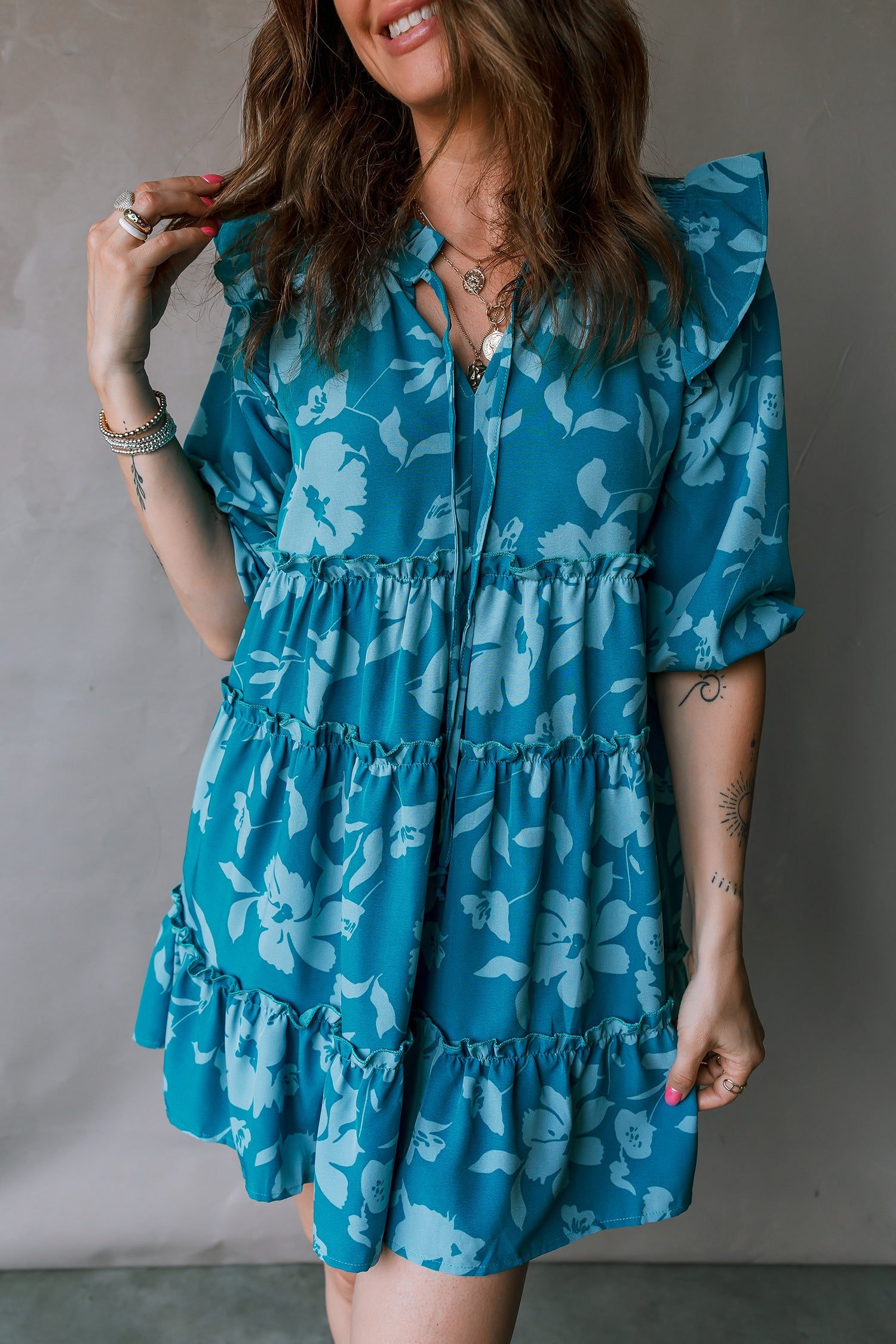 Flower Half Sleeve Tiered Ruffled Mini Dress in Blue