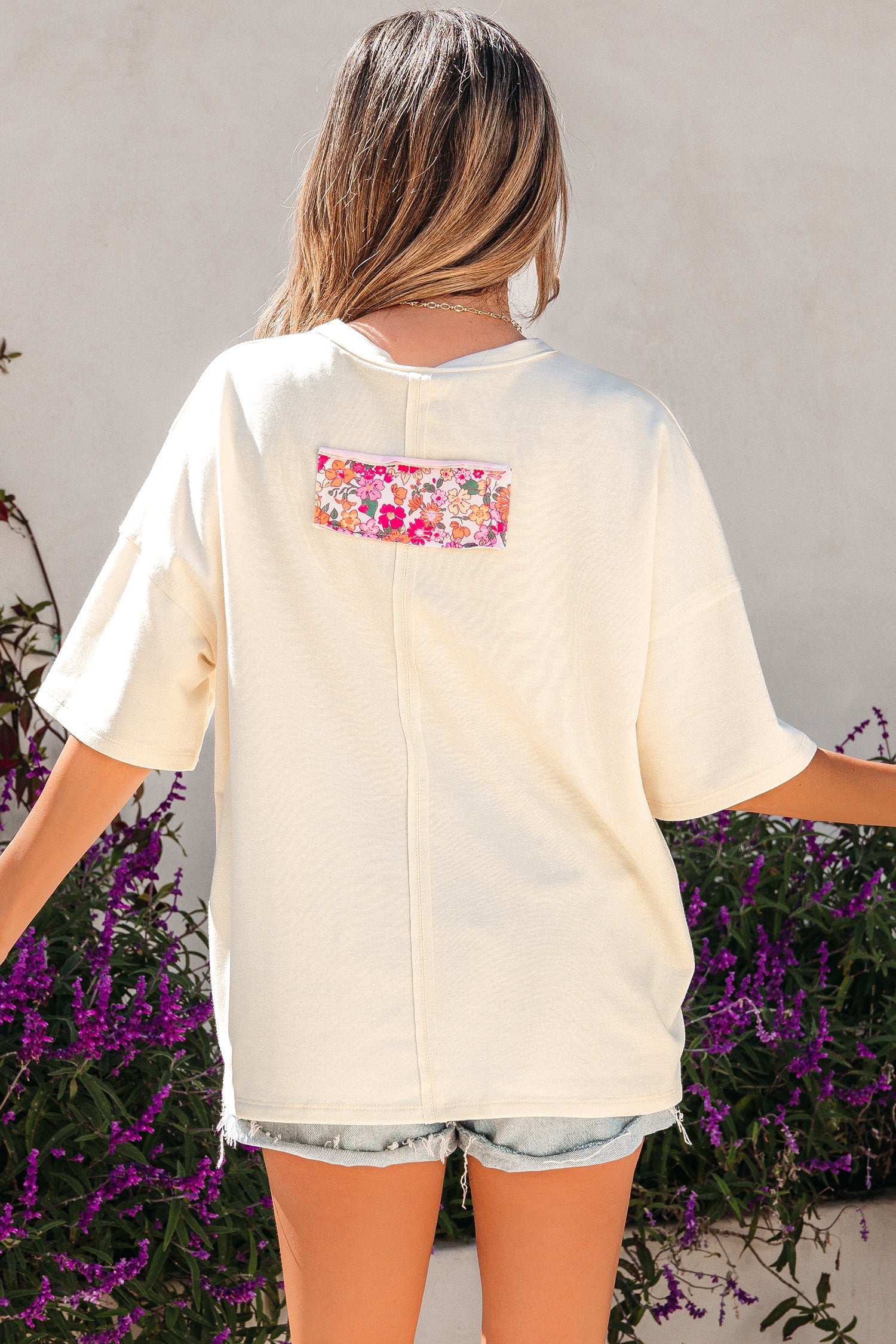 Floral Patched Raw Seam Big Flower Oversize Tee