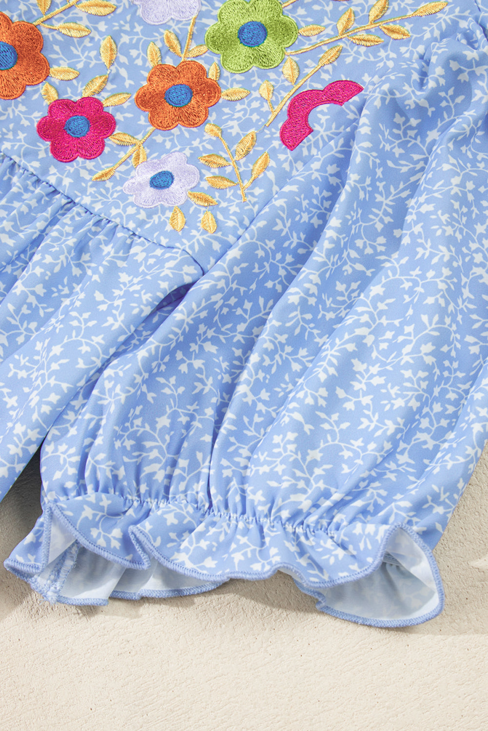 Sky Blue Floral Embroidered Notched V Neck Blouse