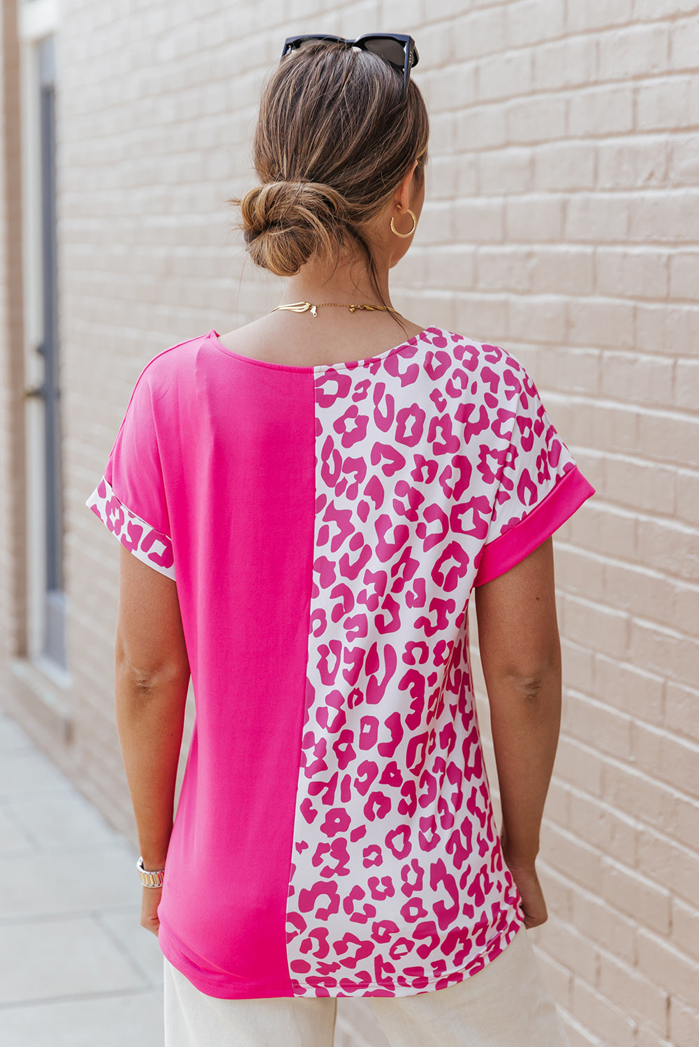 Women's Top with Patchwork Half Leopard-Print