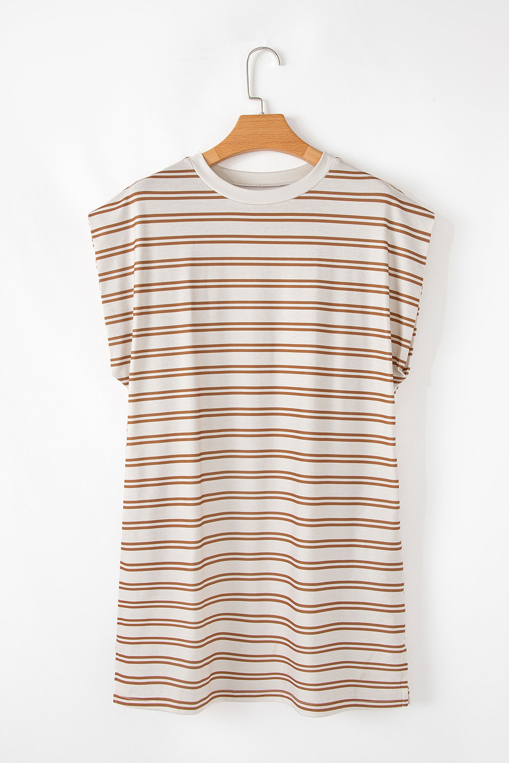 Khaki Stripe Sleeveless Casual T Shirt Dress