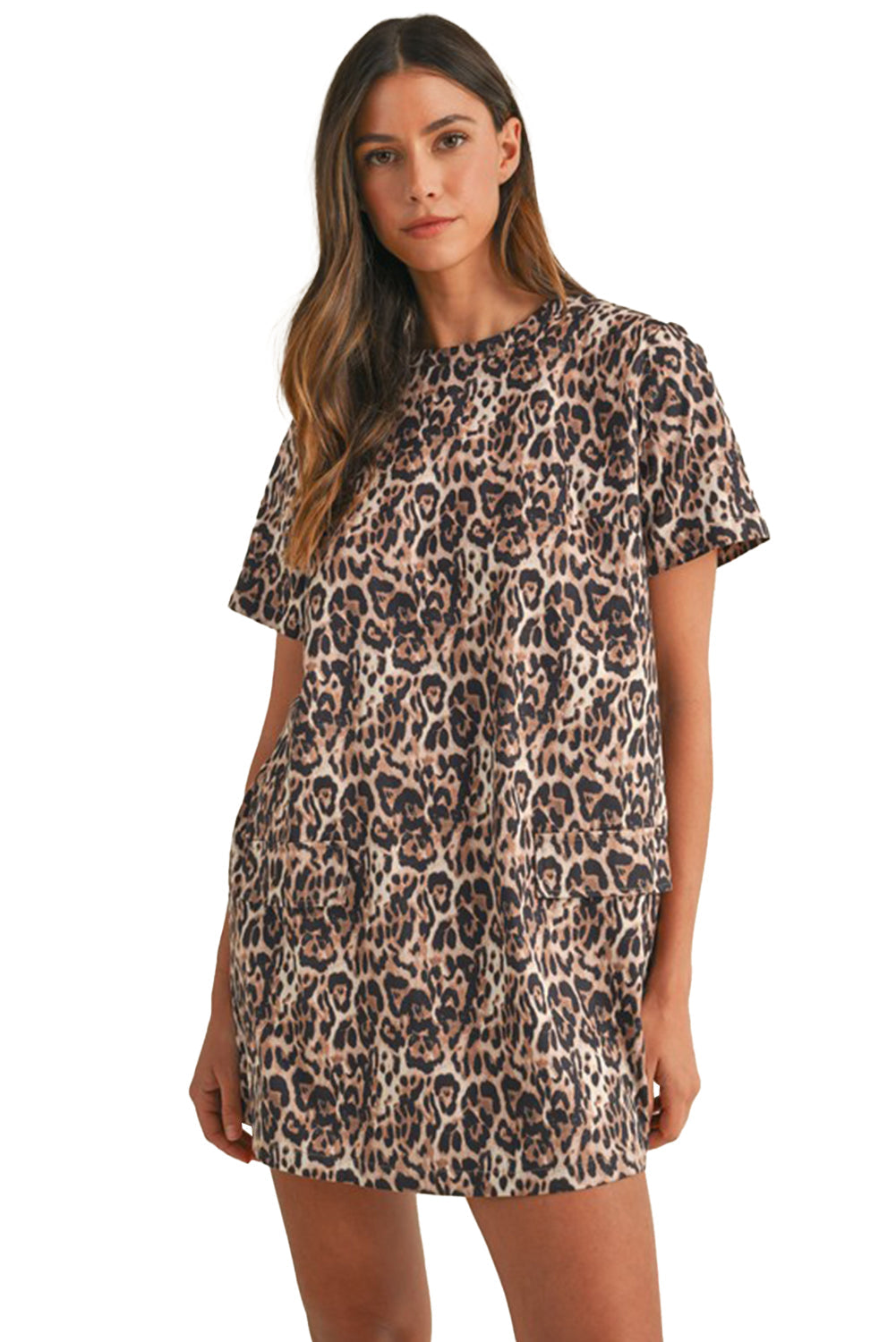 Leopard Print Crew Neck Shift Short T Shirt Dress