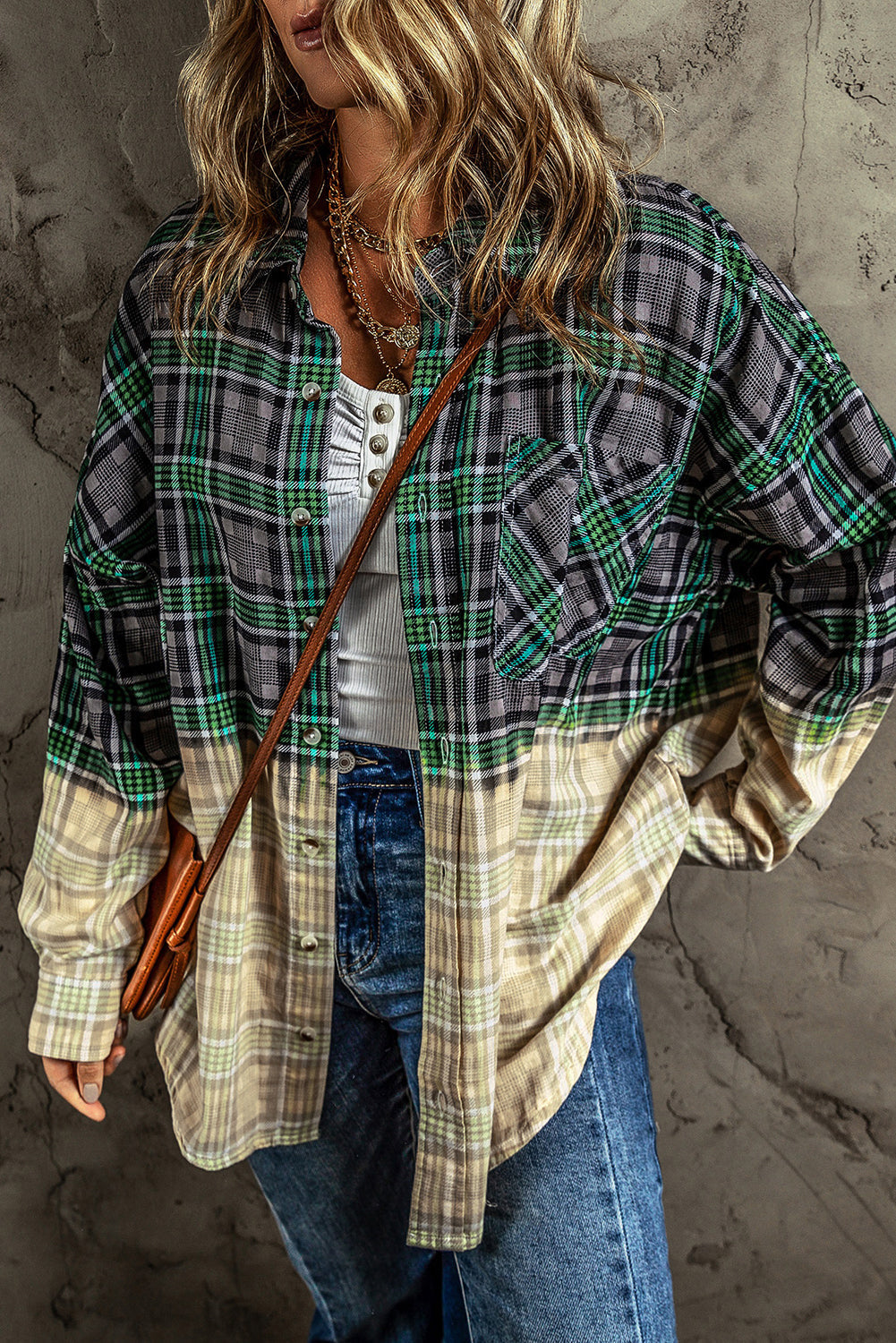 Women's Shacket with Pocket Button Plaid Chest