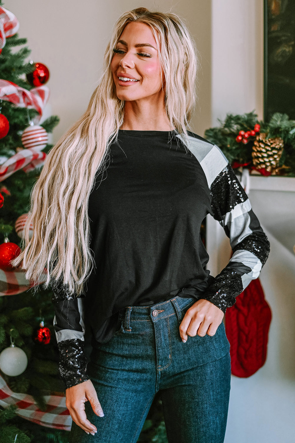 Top for Women Raglan-Sleeve Sequin Plaid