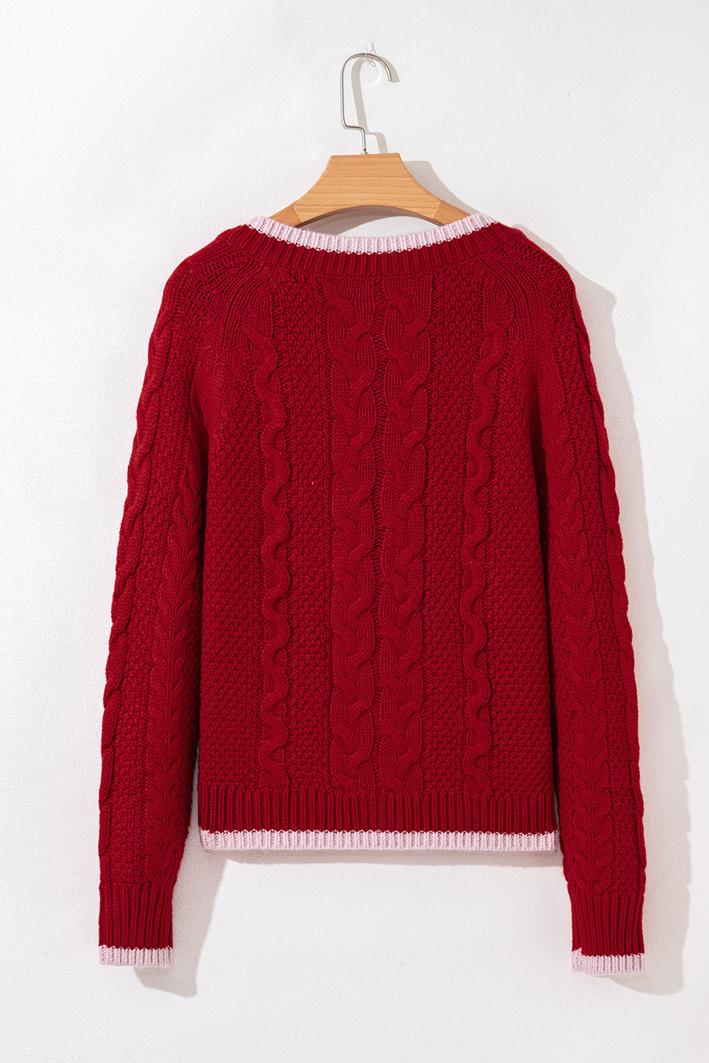 Color Contrast Edge Cable Knit Button-Front Cardigan in Red