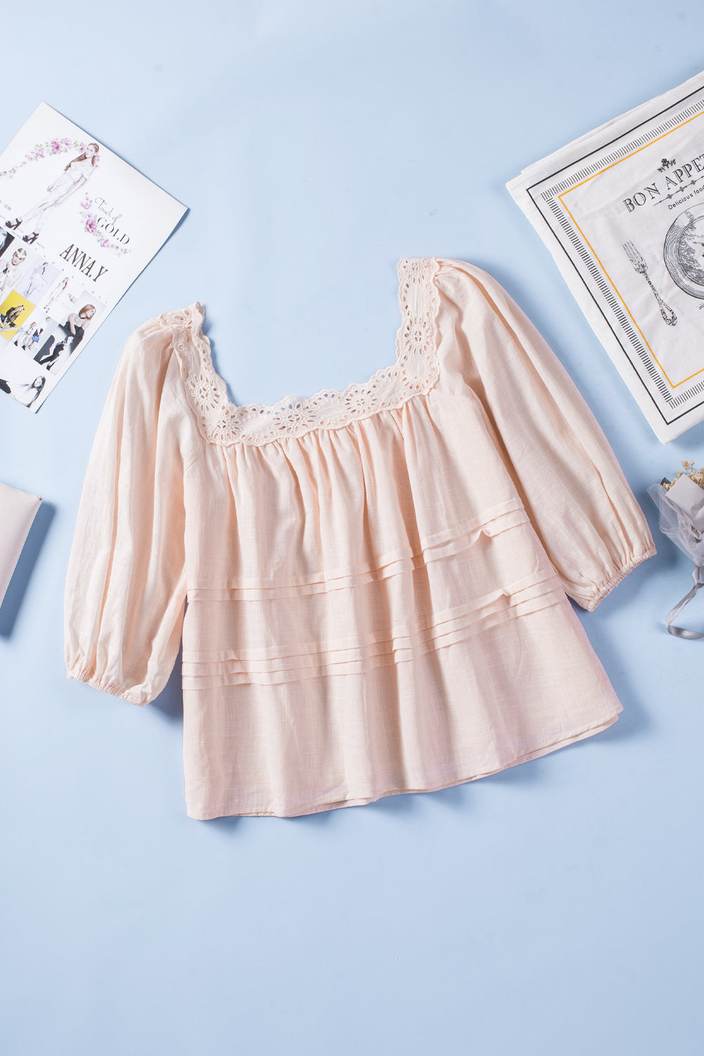 Women's Blouse Featuring Eyelet Babydoll Balloon Sleeve