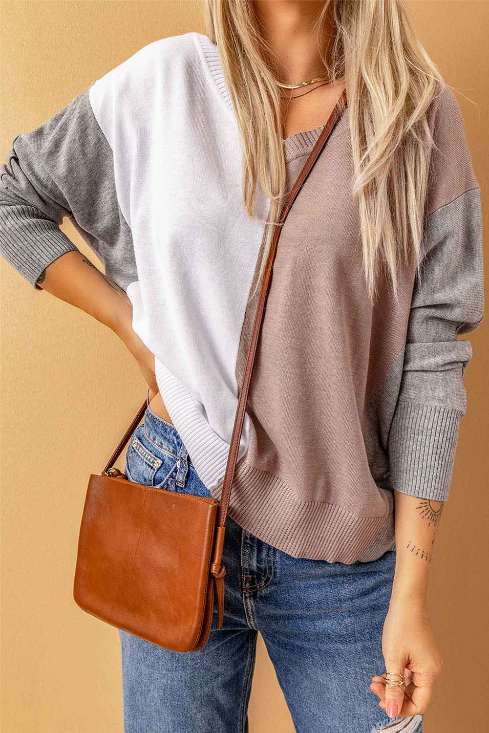 Women's Color-Block Loose V-neck Sweater