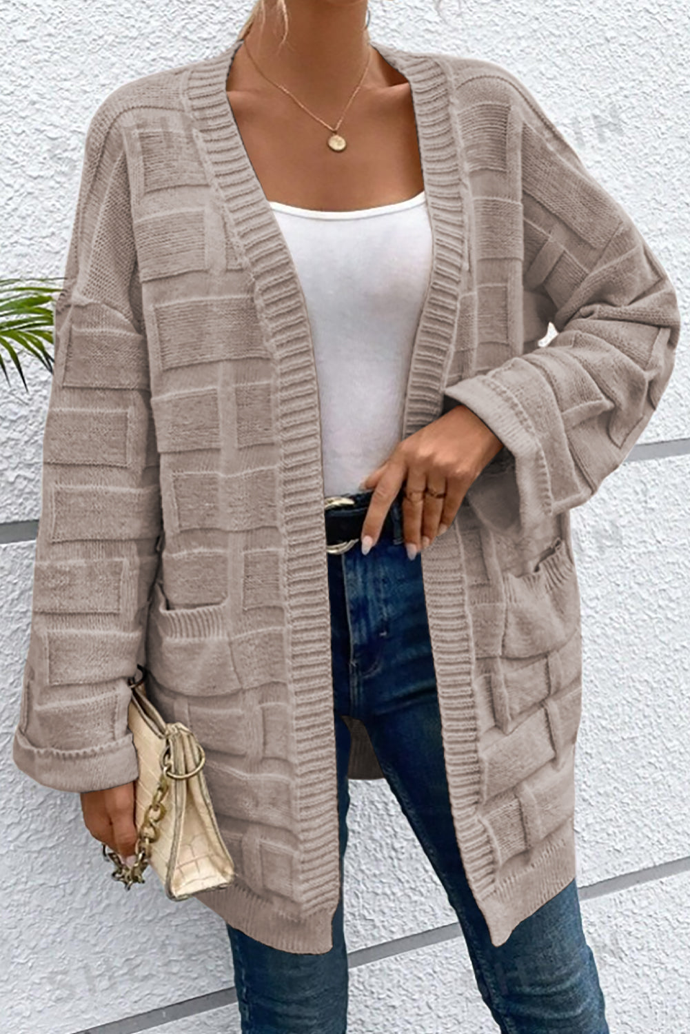Textured Knit Open-Front Polished Cardigan Featuring Pockets