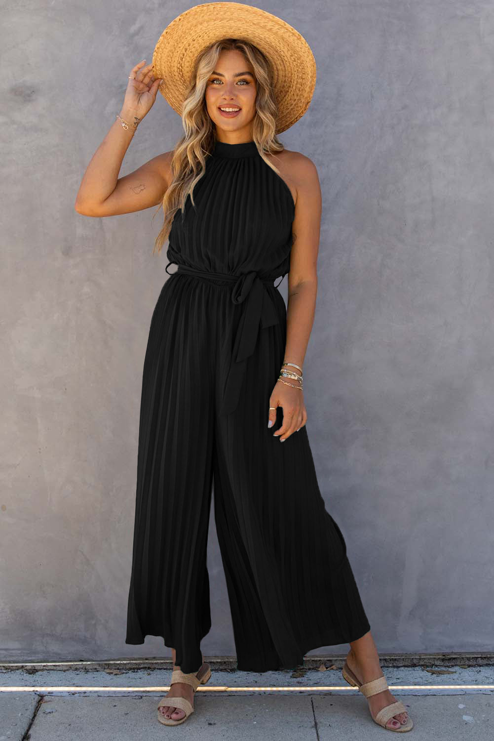 Women's Belt Featuring Pleat-Detail Wide-Leg Jumpsuit with Halter Neck
