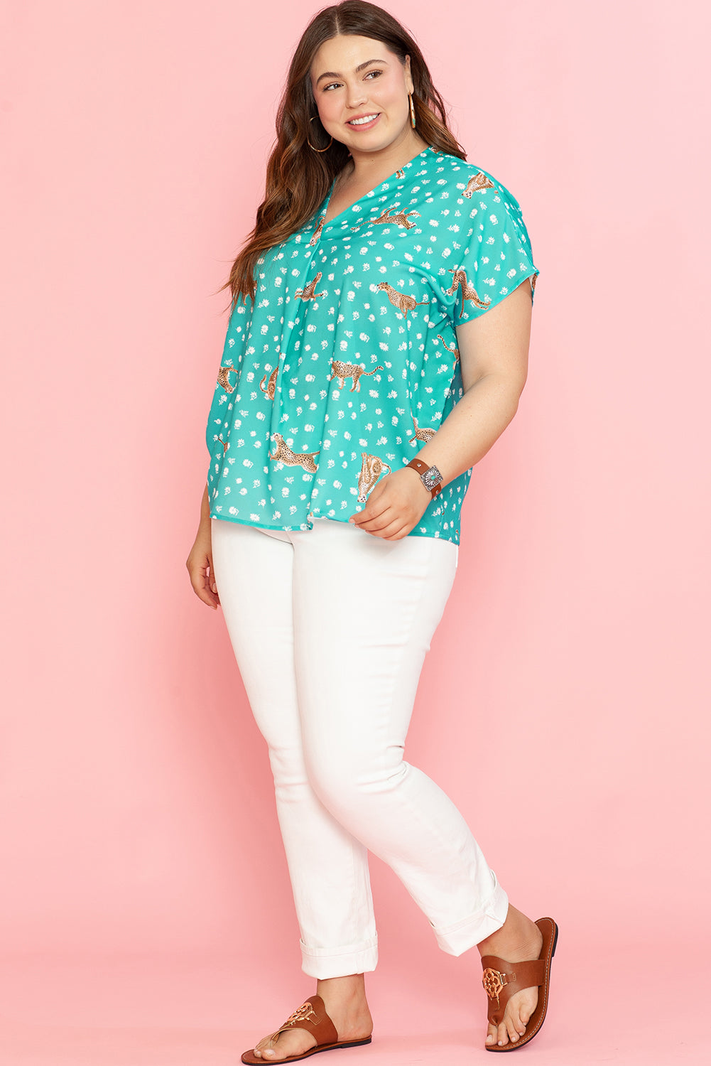 Women's Top with Cheetah V Neck Plus Size