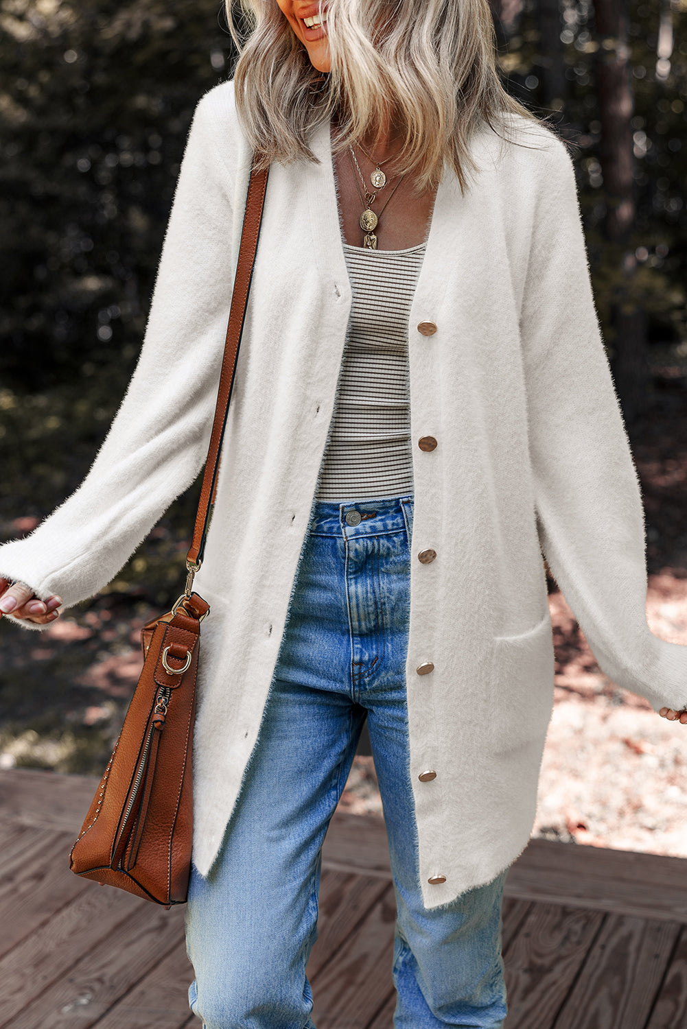 Fuzzy Button-Front Midi Solid Cardigan