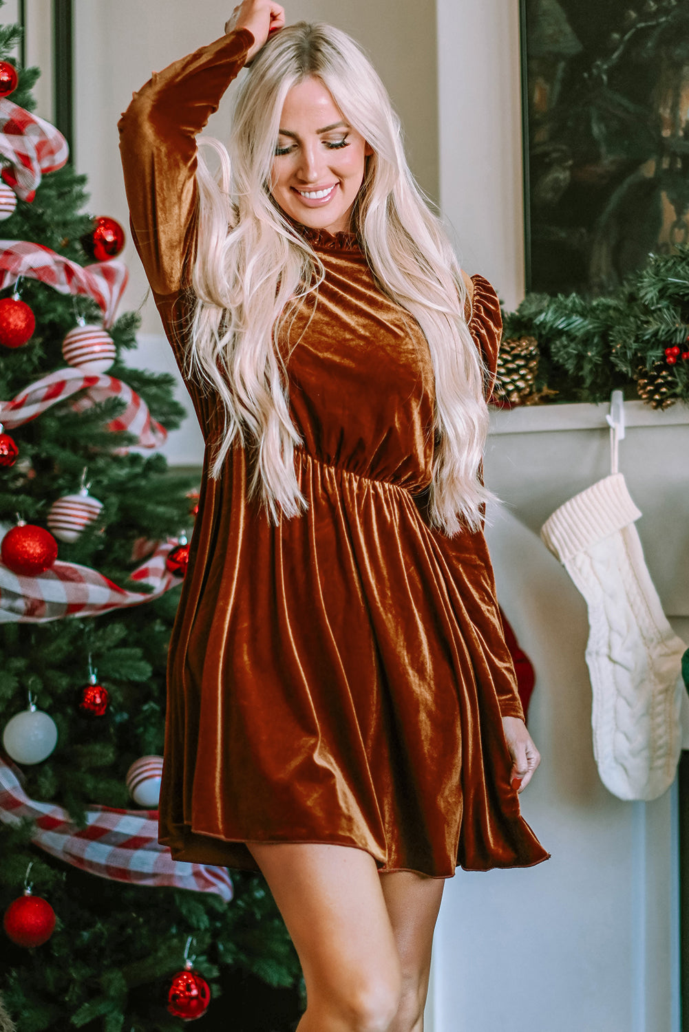 Women's Dress Featuring Velvet Frill-Trimmed Gigot Sleeve Swing