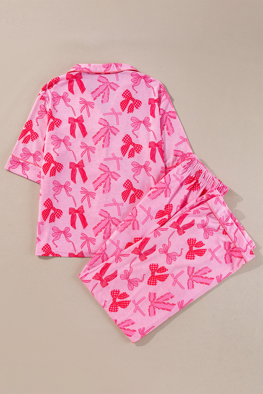 Bow Lapel Knot Print Collar Short-Sleeved and Pants Pajamas Set