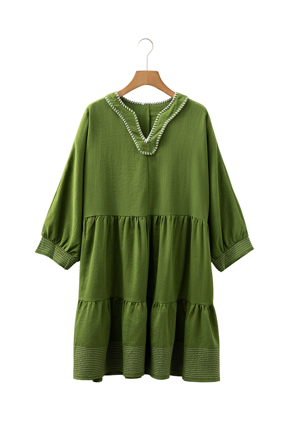 Contrast Stitched V-Neck 3/4 Sleeve Tiered Mini Dress