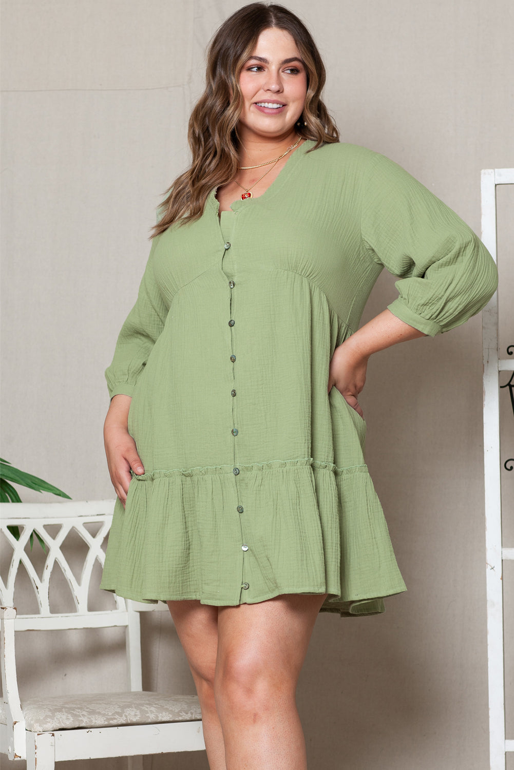 Women's Mini Dress with Ruffle-Trimmed V Neck Plus Size