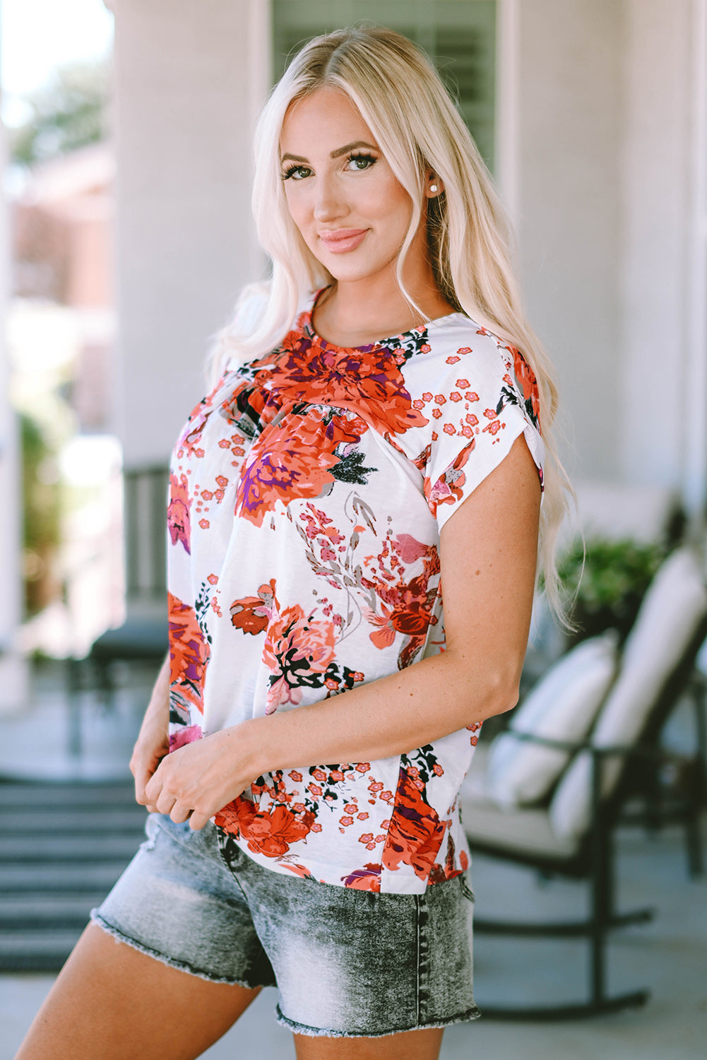 Blouse for Women Short-Sleeve Round Neck Floral-Print