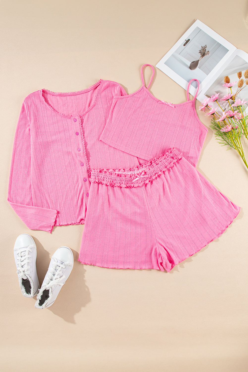Cropped Delicate Texture Cami Shorts and Cardigan 3pcs Lounge Set