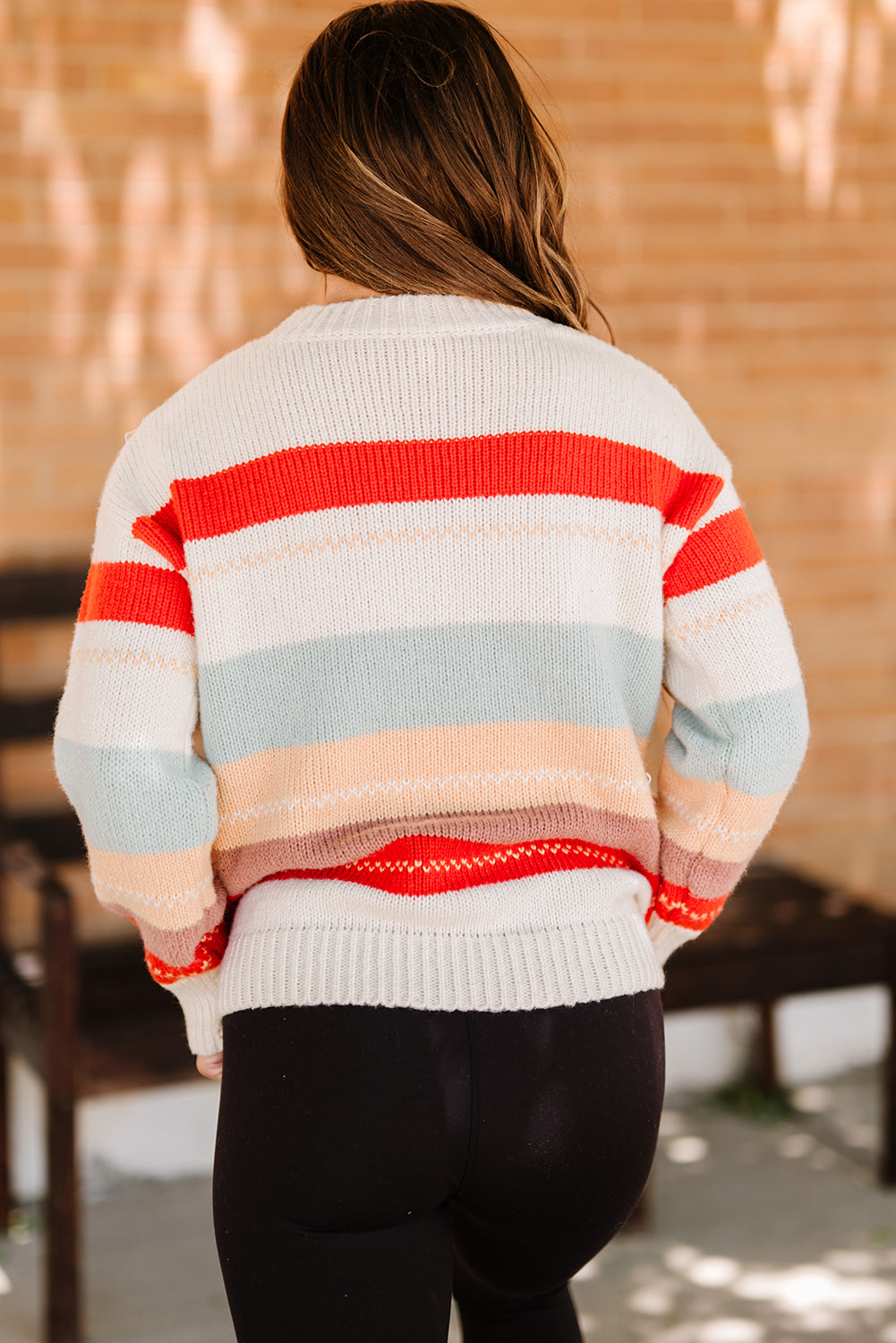Women's Crew Neck Striped Color-Block Drop-shoulder Sweater