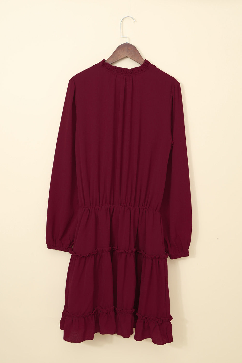 Women's Mini Dress with Wine V Neck Long-Sleeve Ruffle-Trimmed Layered