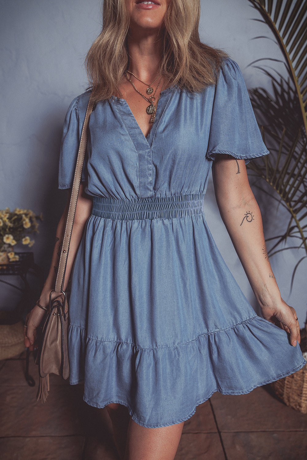 Ruffled V Neck Smocked High Waist Denim Mini Dress