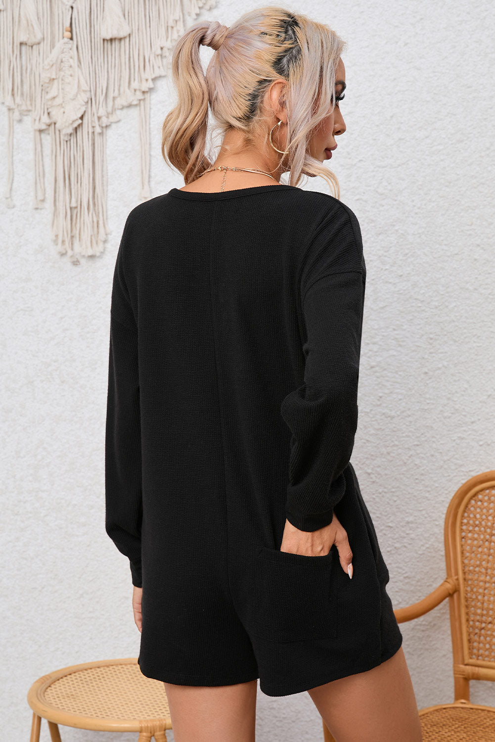 Women's Black Brushed Rib-Knitted Button Split Romper