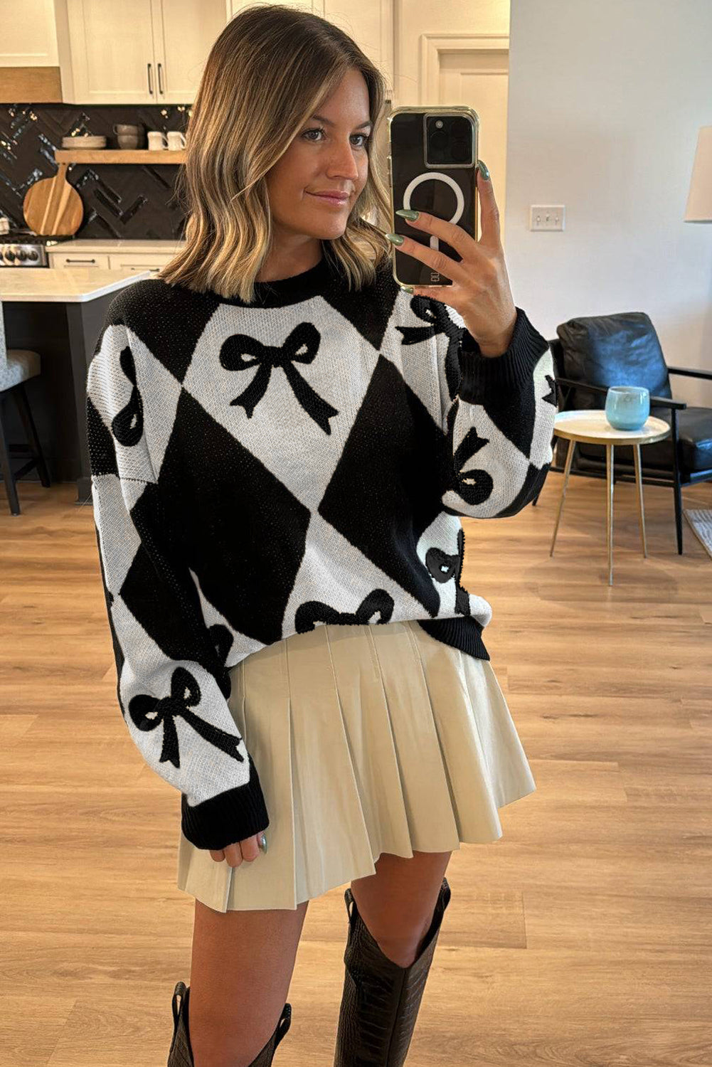 Bow Print 2-tone Rhombus Knit Loose Knit Top