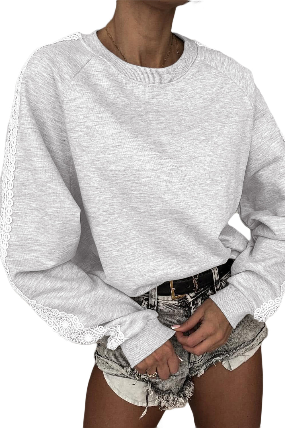 Lace Sleeve Patchwork Raglan Crew-Neck Sweatshirt