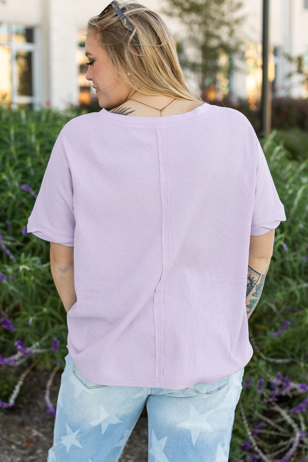 Waffle Knit Short Sleeve Patched Pocket Plus Size Top
