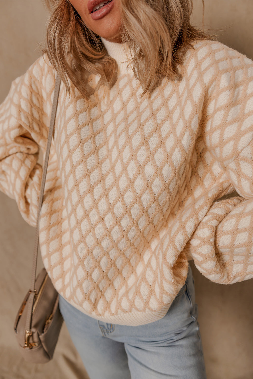 Knit Rhombus Textured Mock-Neck Knit Top in Smoke Gray