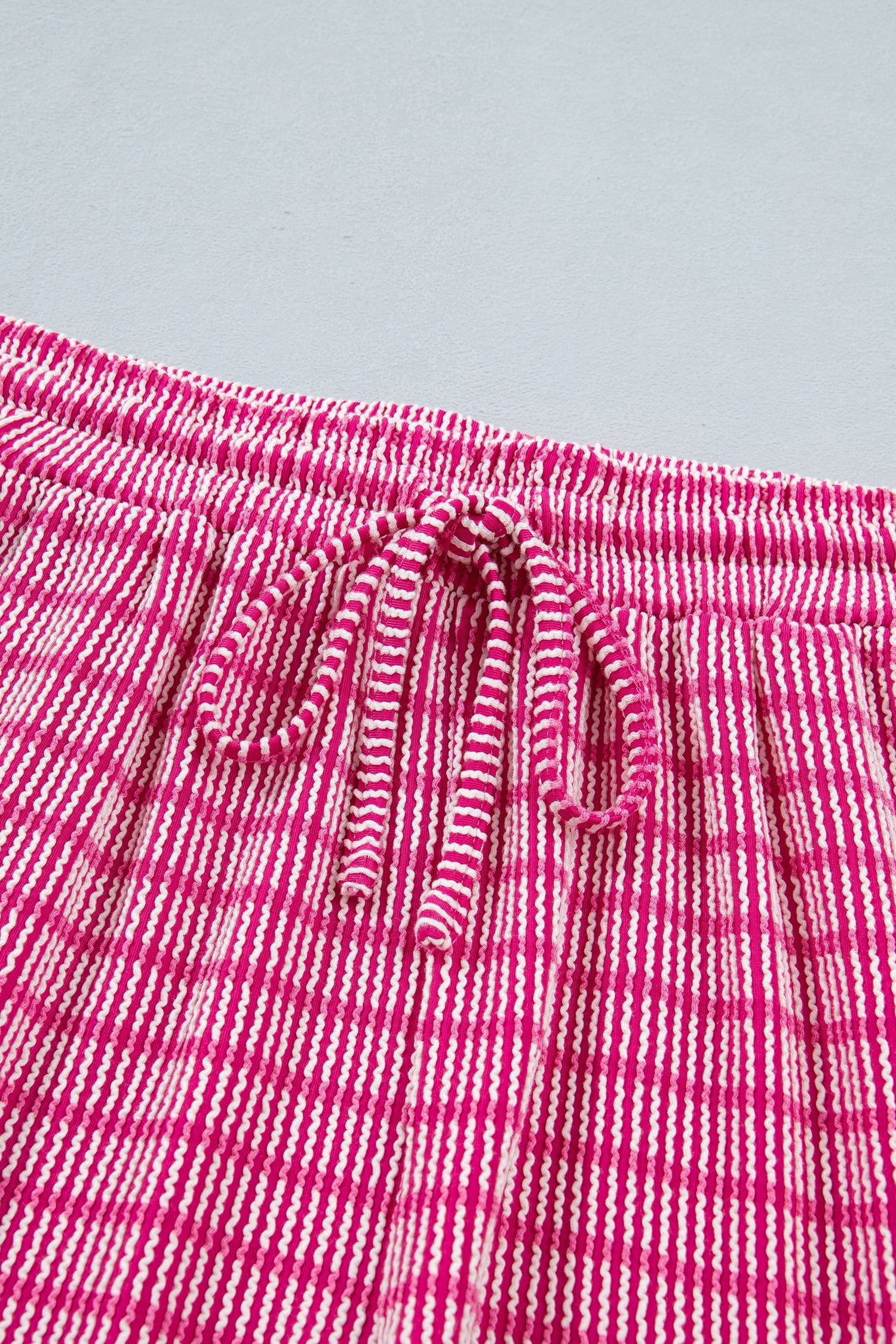 Rose Rib Stripe Raised Loose Tee Drawcord Elastic Waist 2pcs Short Set