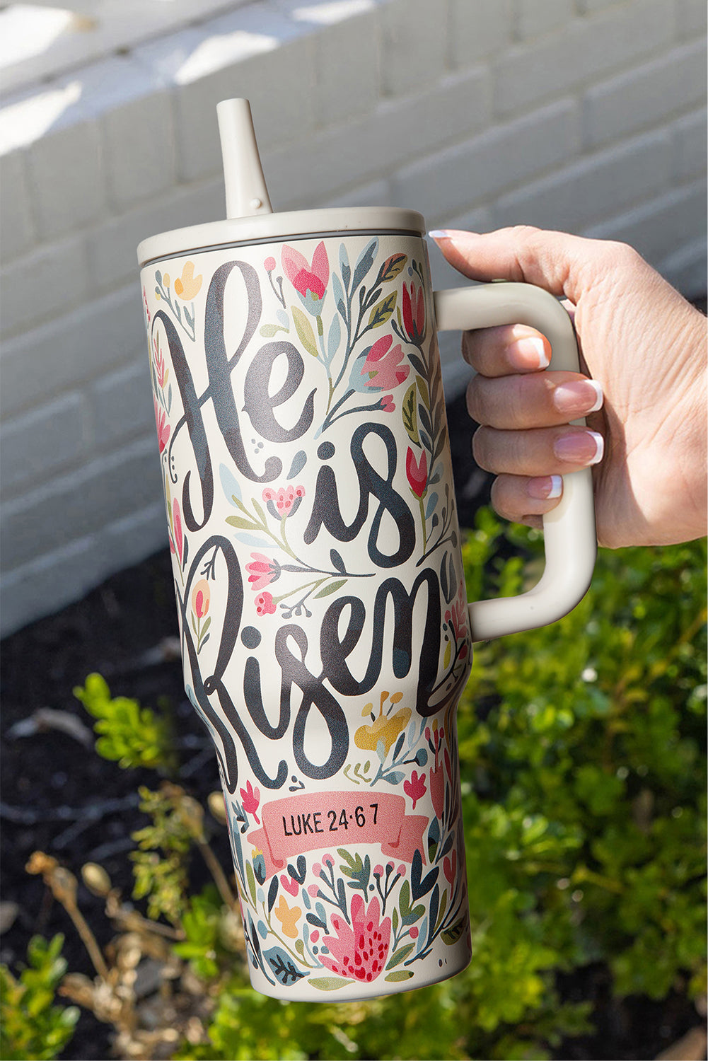 Is Risen He Risen Flower Print Stainless Steel Tumbler 40oz