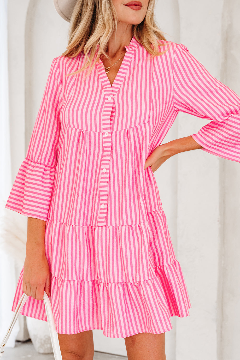 Half Flare Sleeve Placket Tiered Flowy Mini Dress
