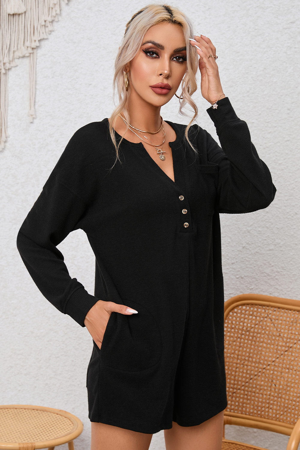 Women's Black Brushed Rib-Knitted Button Split Romper