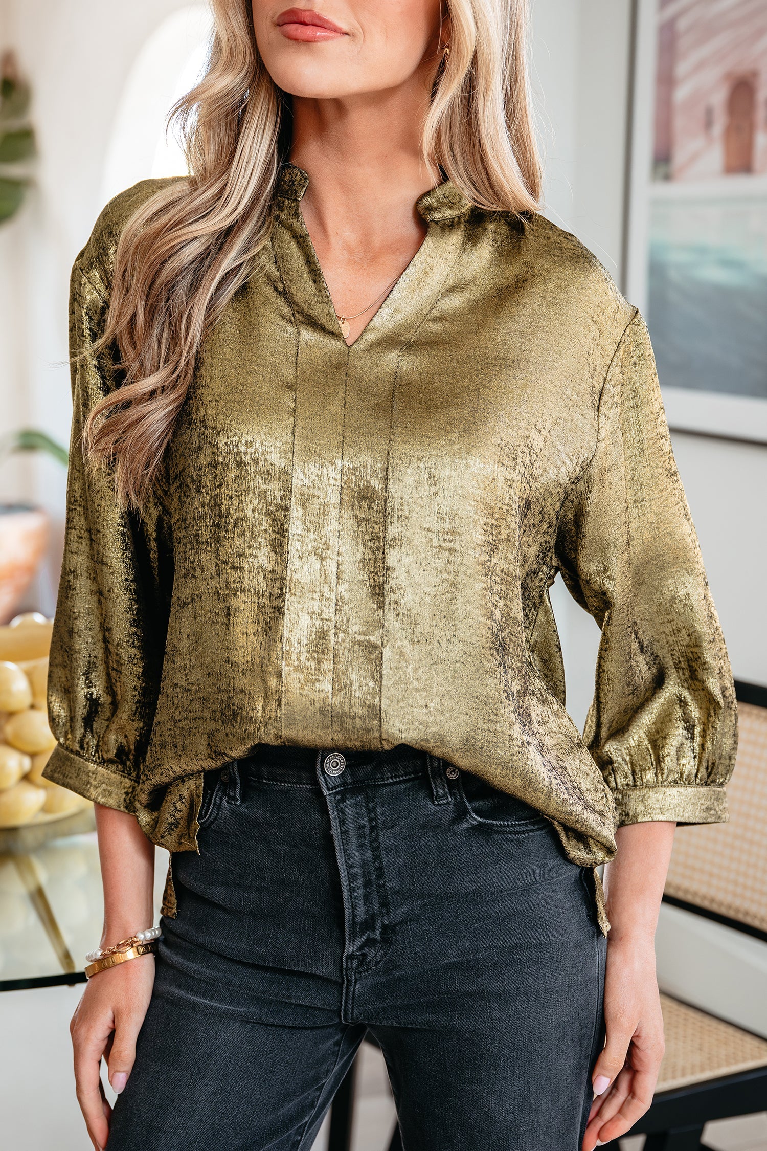 Metallic Half Split Neck Sleeve Blouse