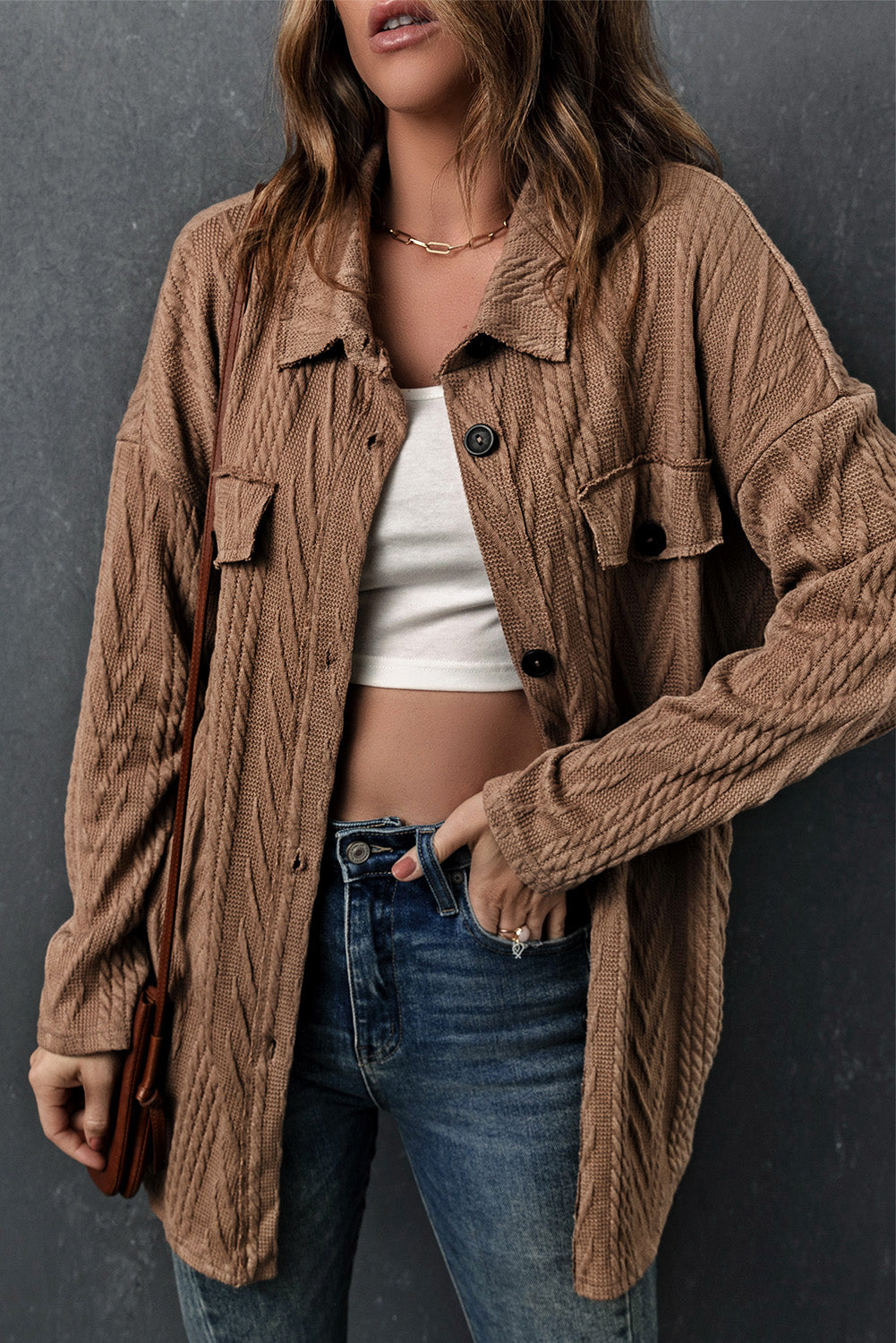 Shacket for Women Oversize Textured Knitted Button