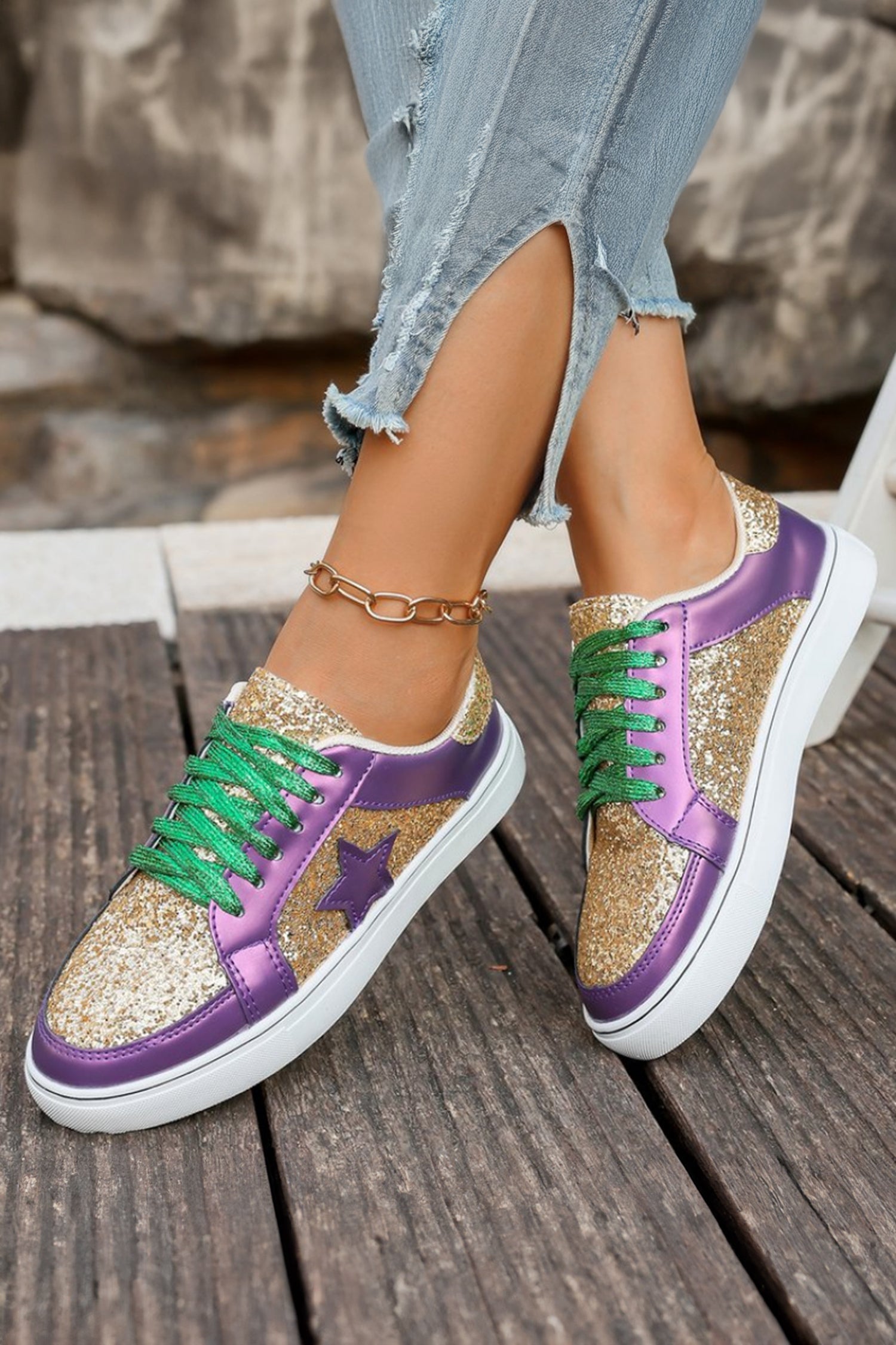 Dearlove Patchwork Glitter Star PU Leather Lace-up Sneakers in Purple